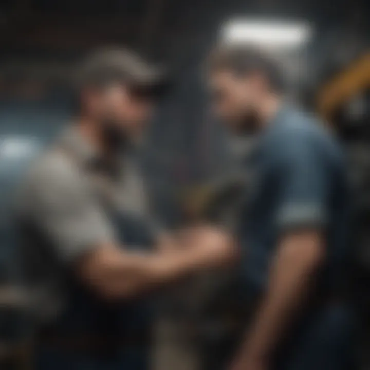 Team of diesel mechanics collaborating in a workshop