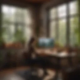 A person working on a laptop in a cozy home office