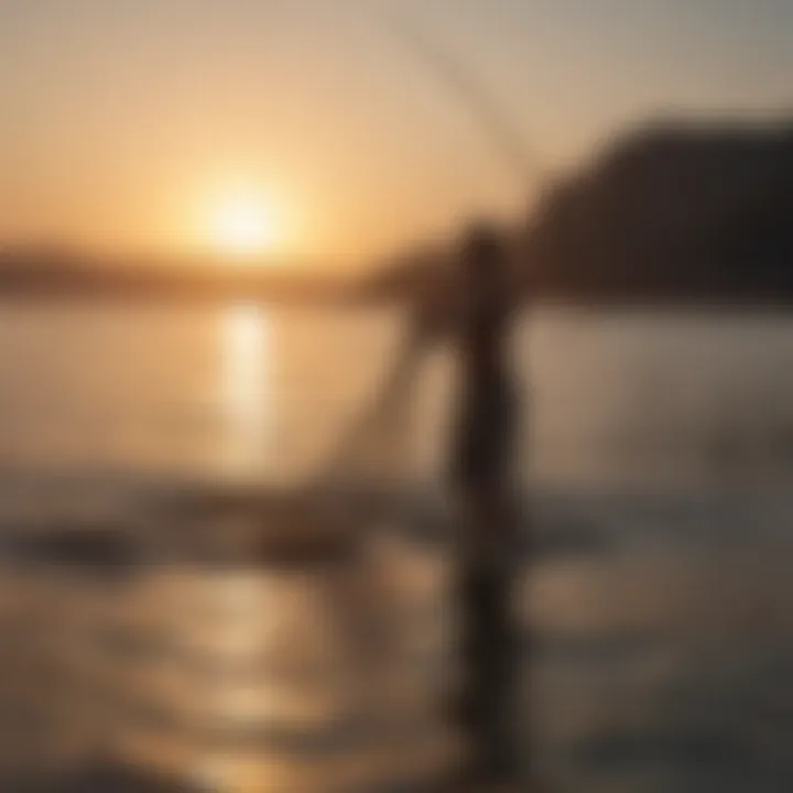 A fisherman casting a net in a tranquil sea at sunset