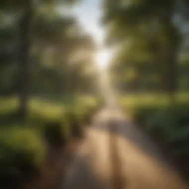 A wide view of a greenway trail surrounded by lush vegetation in Blytheville