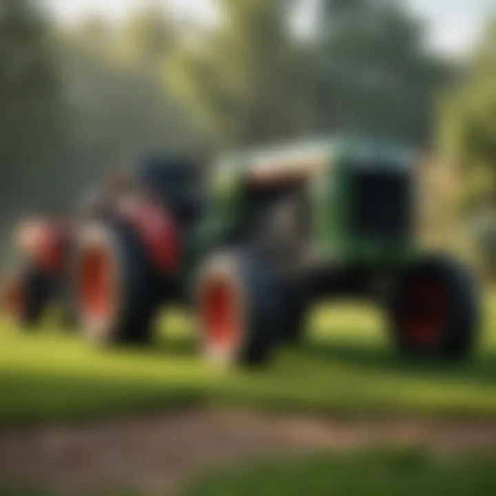 Diverse models of lawn tractors lined up for comparison