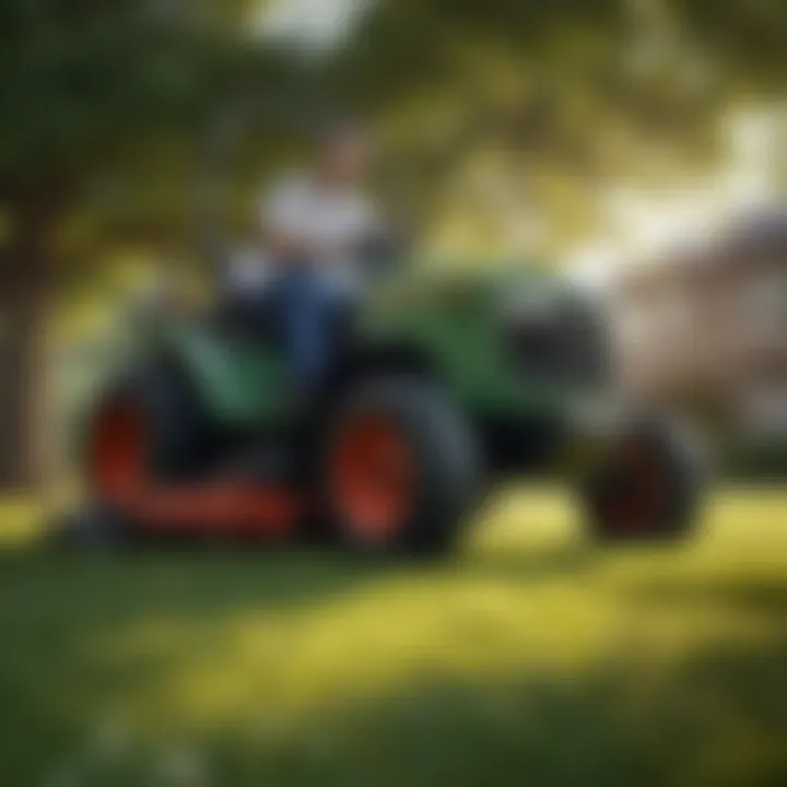 A person performing maintenance on a lawn tractor outdoors
