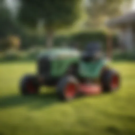 A well-maintained lawn tractor parked on lush green grass