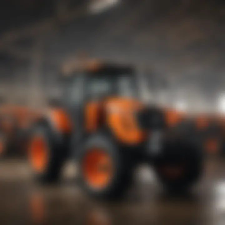 Farmers evaluating various Kioti tractor package options at a dealership