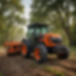 A close-up view of a Kioti tractor with attachments in a lush Tennessee landscape