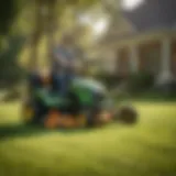 Lawn care professional performing a precise cut on a lush green lawn