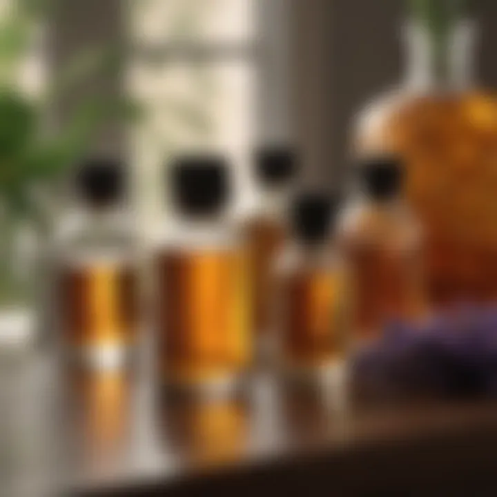 An elegant diffuser emitting fragrance, surrounded by essential oil bottles.