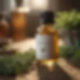 A vibrant glass bottle showcasing MK Pure Essential Oil with fresh herbs in the background.