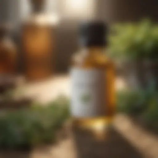 A vibrant glass bottle showcasing MK Pure Essential Oil with fresh herbs in the background.