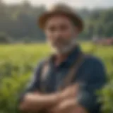 A farmer in a lush green field showcasing diverse crops.