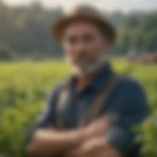 A farmer in a lush green field showcasing diverse crops.