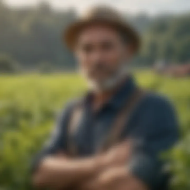 A farmer in a lush green field showcasing diverse crops.
