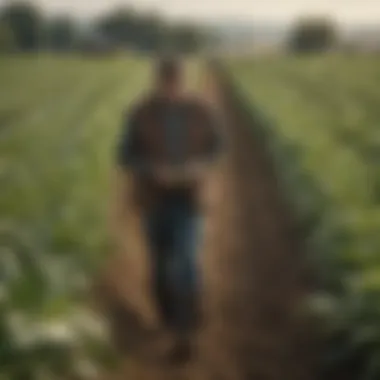 Thriving Crops Through Organic Methods A farmer examining a thriving crop field thriving with the aid of organic practices