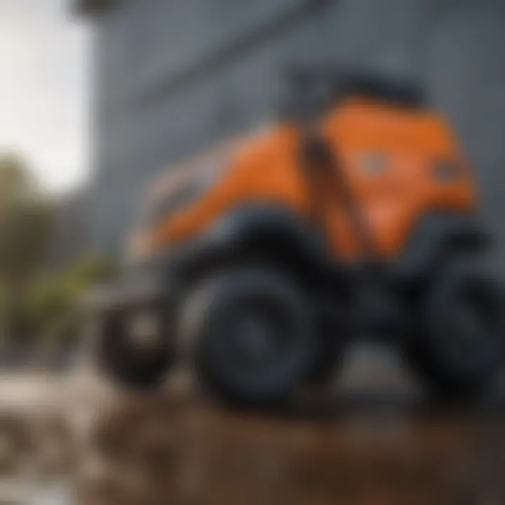 A close-up view of a pressure washer with water retention features