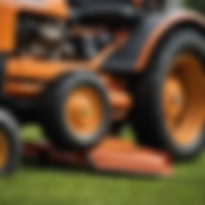 A close-up view of the maintenance components of a riding lawn mower highlighting key areas.