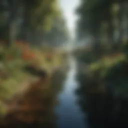 A vibrant ecosystem with diverse flora and fauna thriving in a treated wastewater environment.