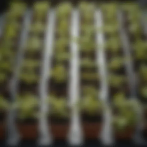 A close-up view of square seedling pots filled with vibrant seedlings