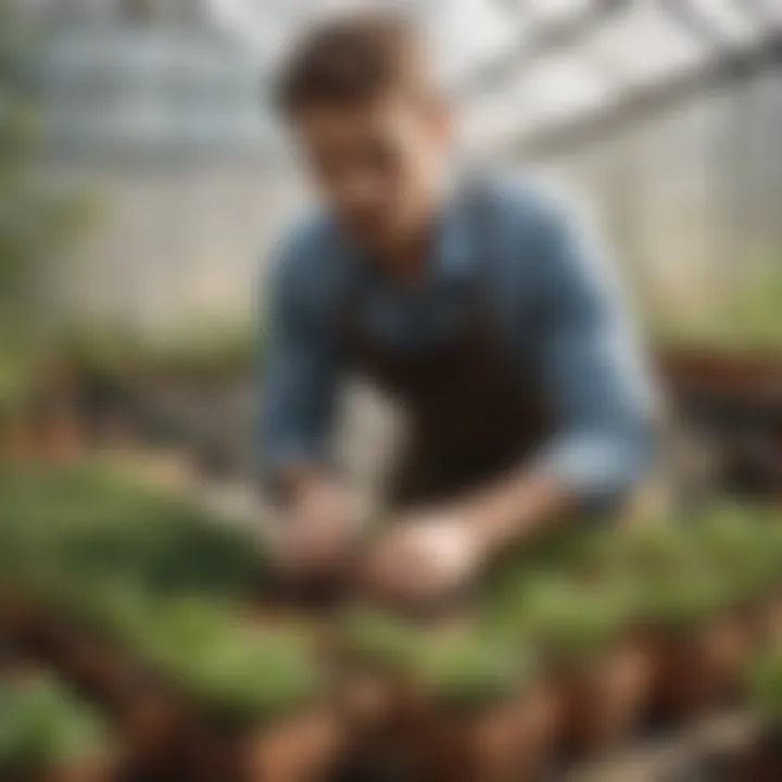 A gardener using square seedling pots in a greenhouse setting