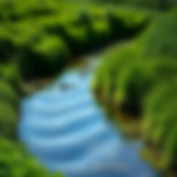 A serene landscape showcasing a pristine water source surrounded by lush greenery