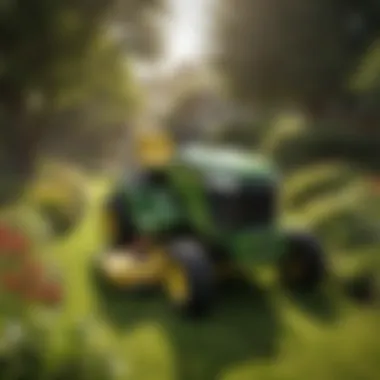 John Deere lawn mower navigating through a landscaped garden