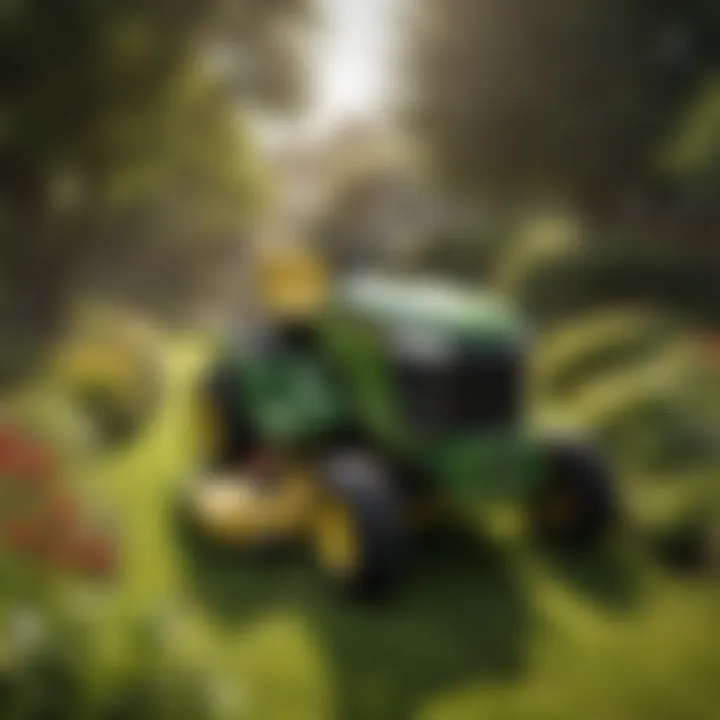 John Deere lawn mower navigating through a landscaped garden