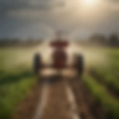 Big sprinkler sled in action on a vibrant agricultural field
