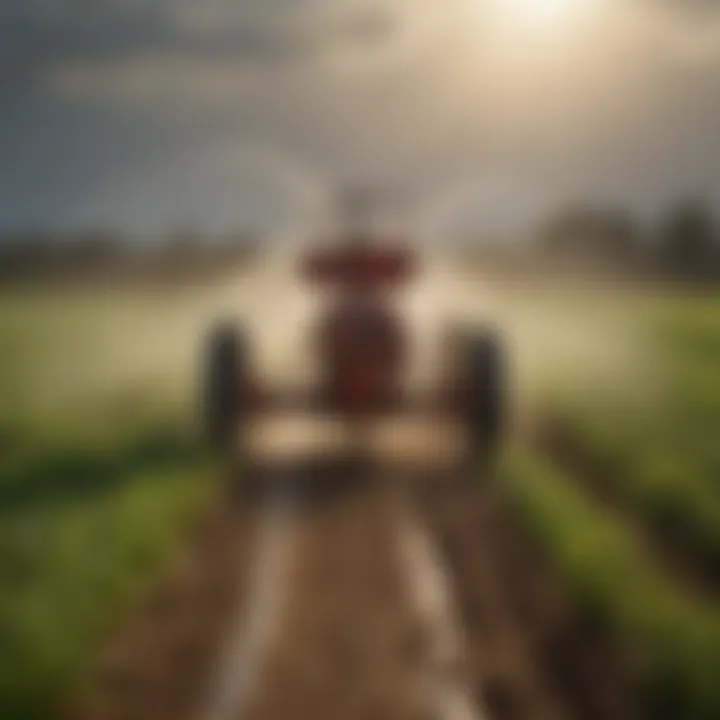 Big sprinkler sled in action on a vibrant agricultural field