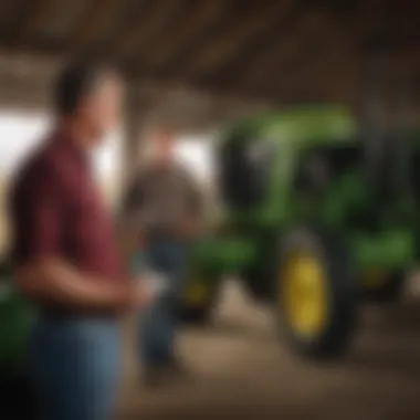 Farmer Consulting with John Deere Dealer A farmer discussing equipment with a John Deere dealer representative