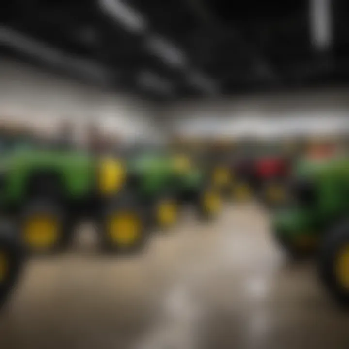 Interior view of a John Deere dealership showcasing equipment