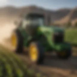A John Deere tractor in action on a lush farm
