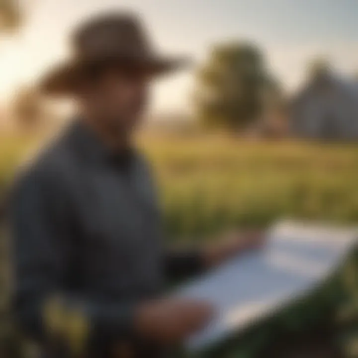 A farmer reviewing grant application documents in a vibrant field.