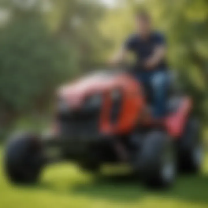 A technician performing maintenance on an MTD lawn mower