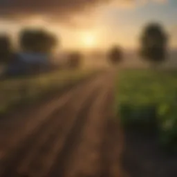 A scenic view of a farm landscape at sunset