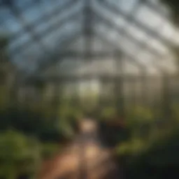 A modern polycarbonate greenhouse showcasing its transparent structure and robust design amidst lush greenery.
