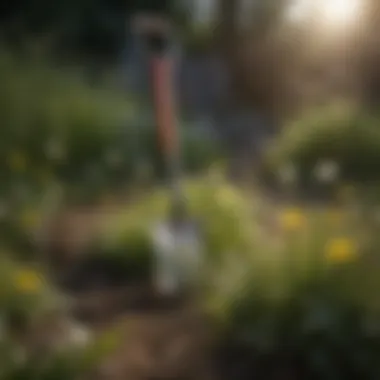 Dandelion shovel surrounded by healthy plants