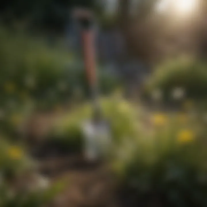 Dandelion shovel surrounded by healthy plants