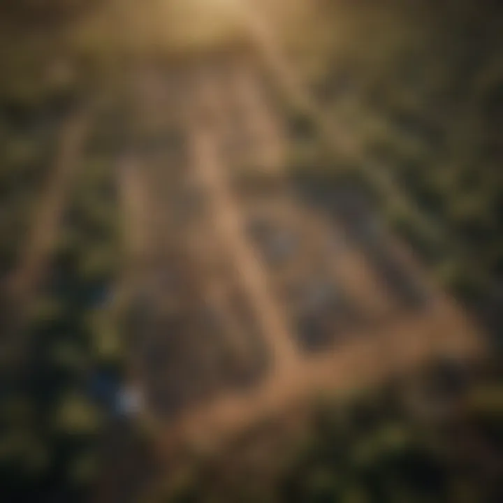 Aerial view of various land plots with zoning signs