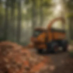A robust wood chipper in a forested area ready for use