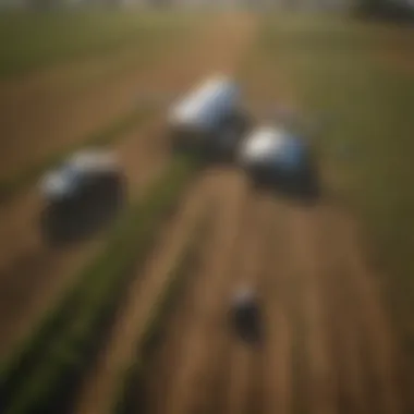Innovative Sustainable Farming A drone view of a sustainable farm utilizing innovative techniques.