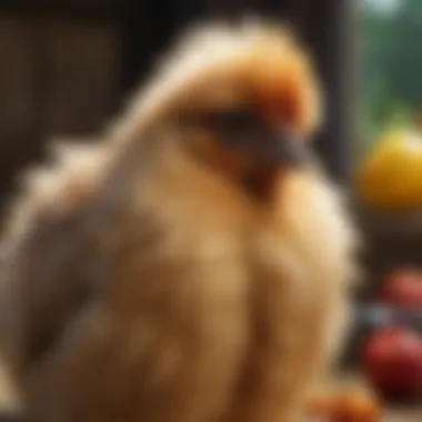 Healthy Silkie chicken with vibrant colors inspected by a caregiver