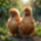 Vibrant Silkie chickens in a lush garden setting