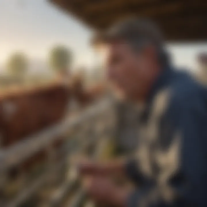 A farmer evaluating the dimensions and materials of cow panels.