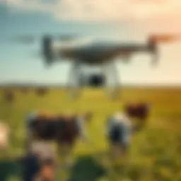A drone equipped with agricultural technology hovering over a field with cattle