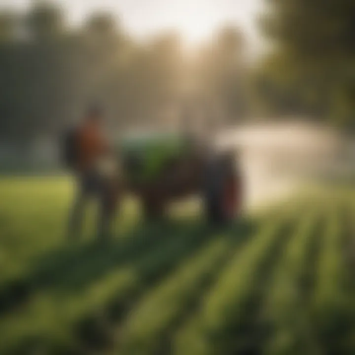Gardener using a sprayer on crops in a lush field