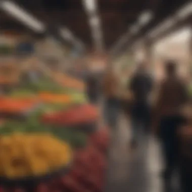 Economic Influences on Food Choices Market scene illustrating economic dynamics of food distribution