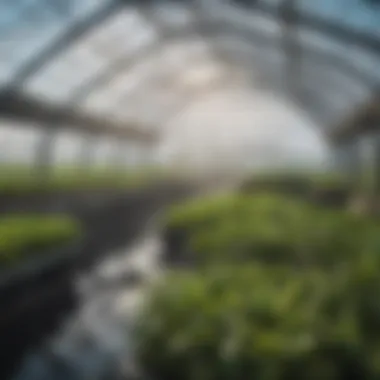 Futuristic Agricultural Setup with Orca Hydroponics A futuristic agricultural setup featuring advanced Orca Hydroponics technology integrated into a greenhouse.