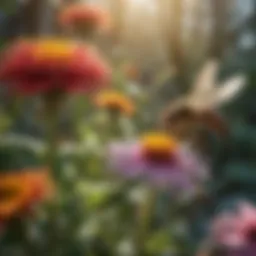 A diverse range of bees pollinating various flowers in a vibrant garden