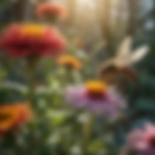 A diverse range of bees pollinating various flowers in a vibrant garden