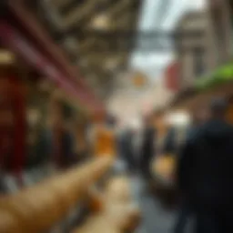 A picturesque view of the Gouda city market bustling with vendors and cheese enthusiasts.