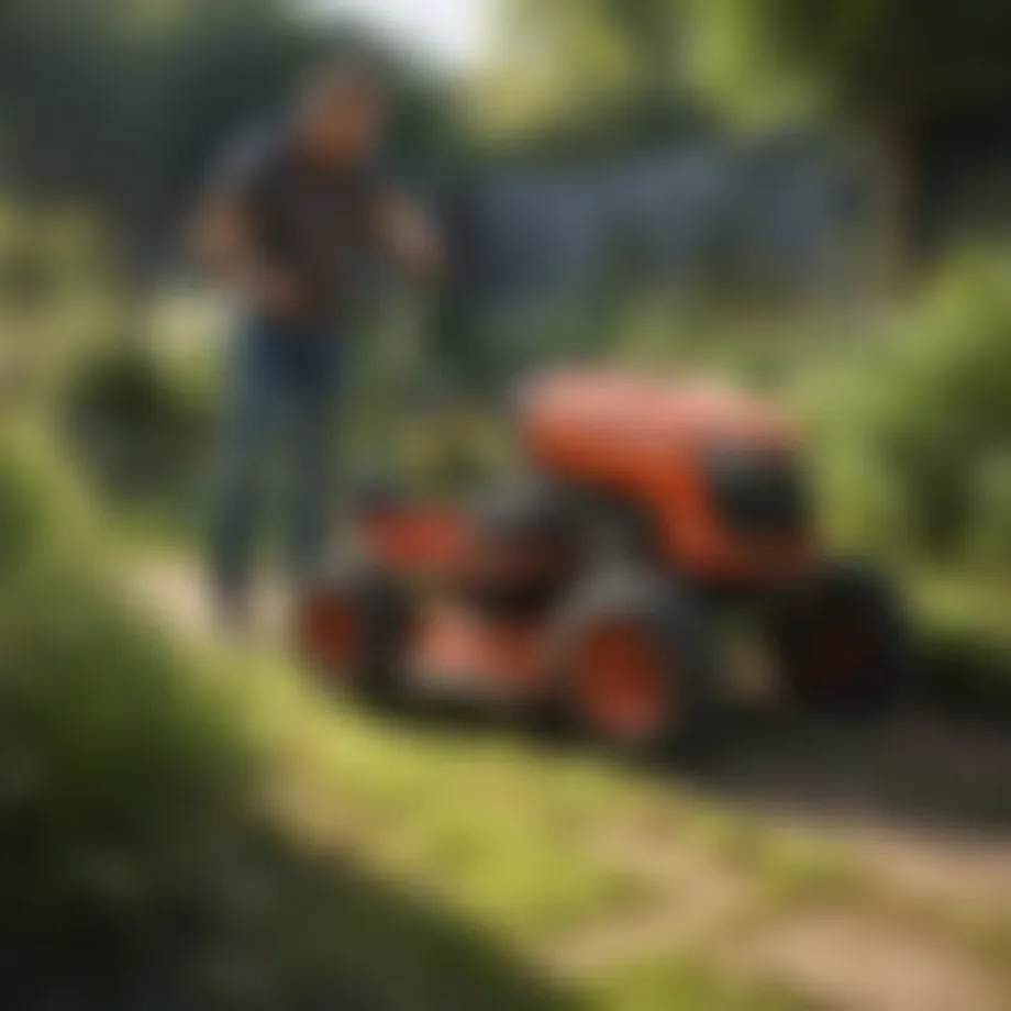 A compact grass cutter in action within a small garden space